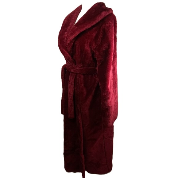 VTG Borg Fabric M Burgundy Faux Fur Robe Made in USA Plush Belted Long Lounge - Picture 3 of 14